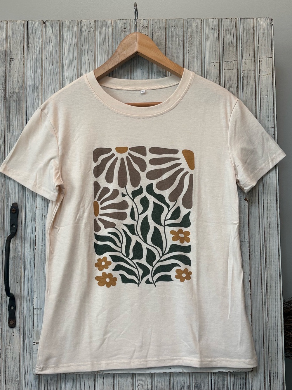 Floral Graphic Tee Cream with Olive and Brown Print Size Small